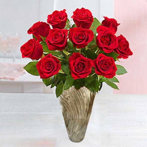 Dozen Premium Red Roses in Upgraded Red Vase
