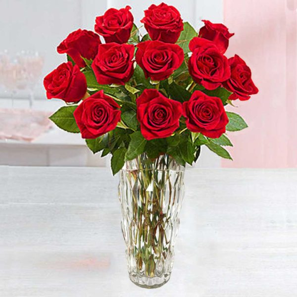 Dozen Premium Red Roses in Upgraded Vase