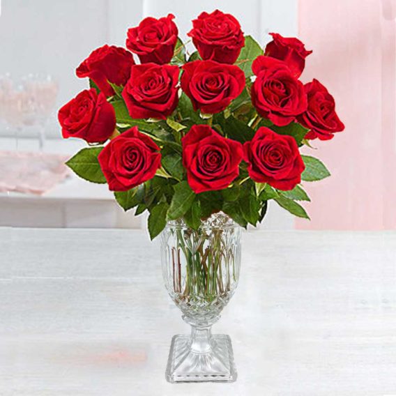 Dozen Premium Red Roses in Crystal Pedestal Vase