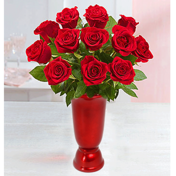 Dozen Red Roses in Upgraded Vase