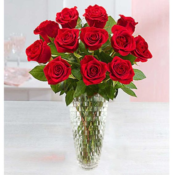 Dozen Premium Red Roses in Upgraded Crystal Vase
