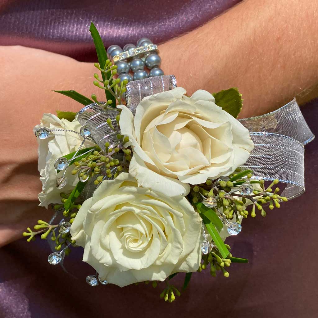 Sapphire Delight Corsage designed by award winning Karin's Florist White And Baby Blue Corsage