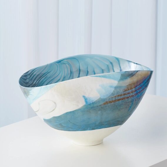 Swirled Ivory and Turquois Murano Glass Bowl