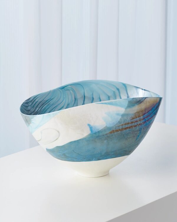 Swirled Ivory and Turquois Murano Glass Bowl