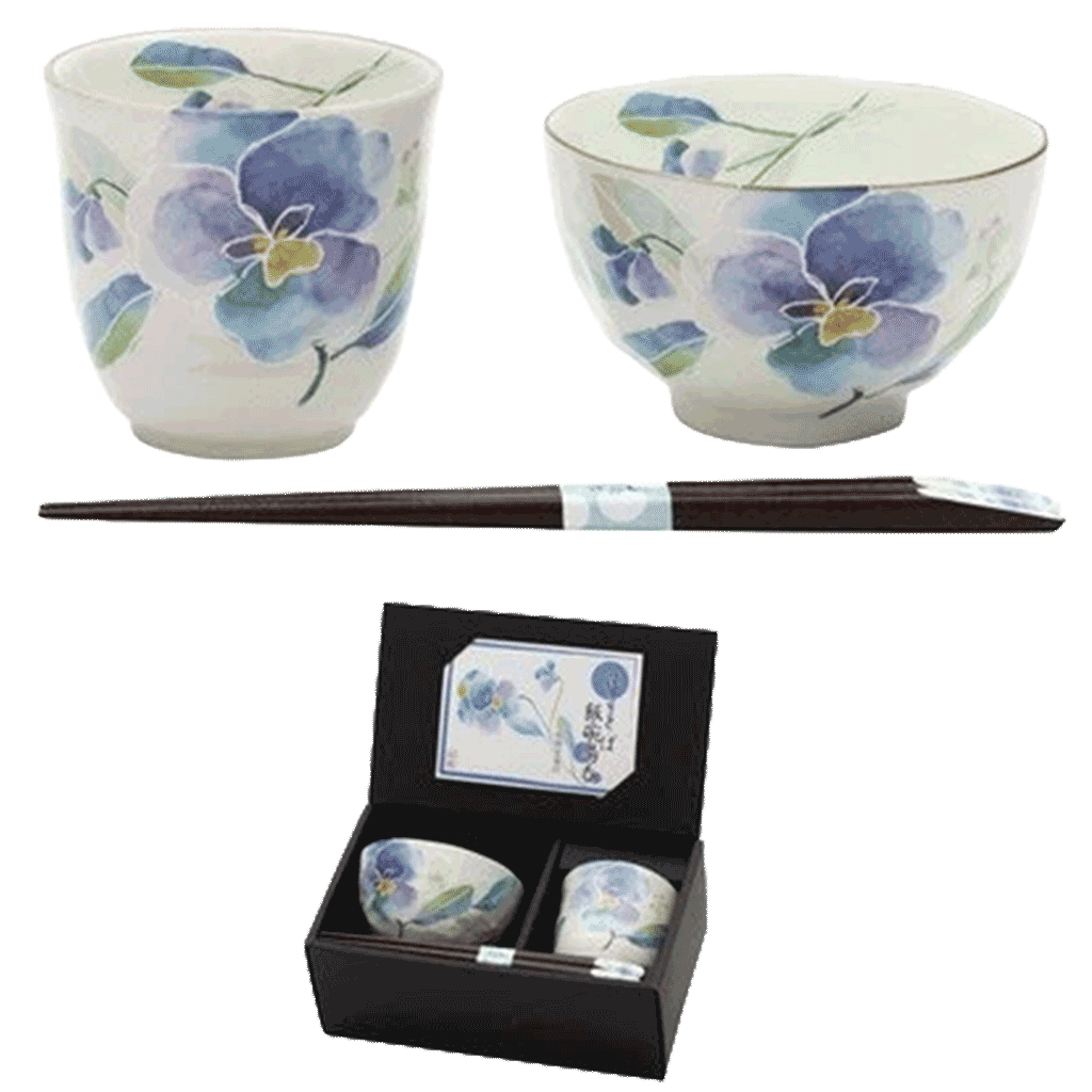 Japanese-Floral-Tea-&-Rice-Bowl-Set---Pansy Japanese Floral Tea & Rice Bowl Set - Pansy